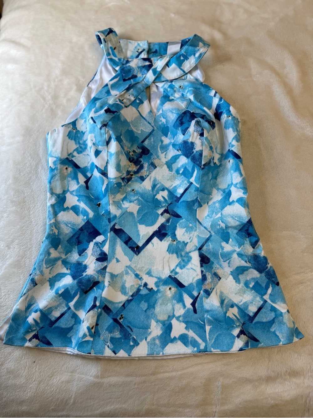 White House Black Market Blue & White Cross-Front Halter Tank